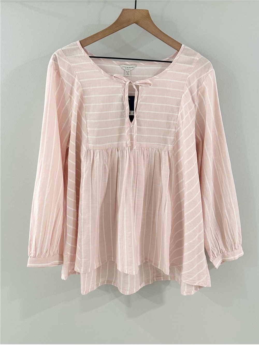 Lucky Brand Light Pink Striped Tie-Neck Peasant Tunic